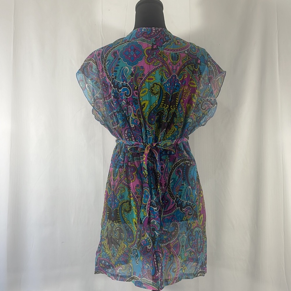 Sheer multi colored blue, hot pink,swim cover up,plunge V neck,tie in back,Small - Picture 5 of 9